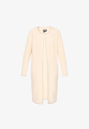 Lang, åben front cardigan i krèmefarvet strikstof. Har ribbet tekstur, lange ærmer og en lige pasform ned til midt på låret.