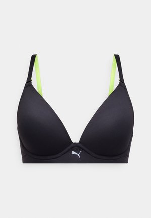 Čierna vystužená podprsenka s neonovo zelenými nastaviteľnými ramienkami a bielym logom Puma umiestneným v strede predného pásika na jednoduchom pozadí.