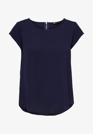 Navy blue short-sleeve top with a round neckline and a textured finish. Features a subtle back zipper detail and curved hemline.