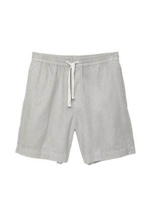 Shorts en lin gris clair avec une taille élastique et un cordon de serrage, dotés de poches latérales et d'une coupe décontractée. Texture lisse, design à jambe droite.