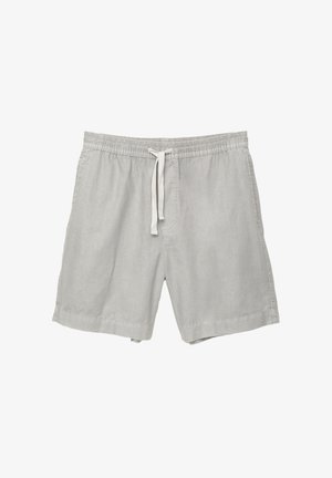 Pantaloni corti in lino grigio chiaro con vita elastica e cordino, dotati di tasche laterali e vestibilità morbida. Texture liscia, design a gamba dritta.