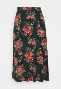 Saia maxi floral em verde escuro. Apresenta padrões de flores vermelhas e rosas, uma cintura ajustada e uma silhueta fluida. Feita de tecido suave.