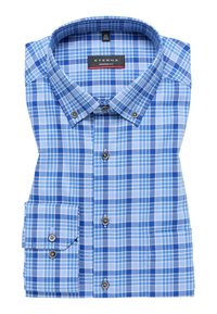 Blauw geruit overhemd met lange mouwen en een button-down kraag, met verschillende tinten blauw en contrasterende witte lijnen. Inclusief knopen aan de voorkant en bij de manchetten.