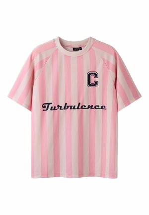 Kortärmelig roze en lichtroze verticaal gestreept overhemd met zwarte "C" patch en "Turbulence" tekst op de voorkant.