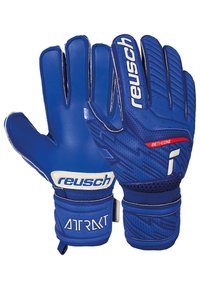 Guanti da portiere blu con dita texturizzate, palma in lattice e cinturino regolabile al polso. Presentano il logo "Reusch" e il marchio "Attract".
