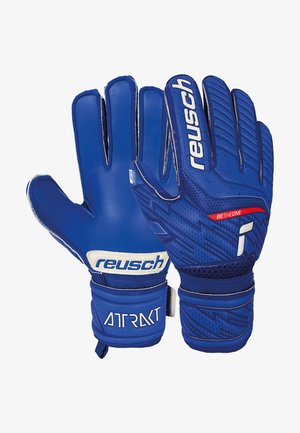 Gants de gardien de but bleus avec des doigts texturés, paume en latex et sangle de poignet ajustable. Présente le logo "Reusch" et la marque "Attract".