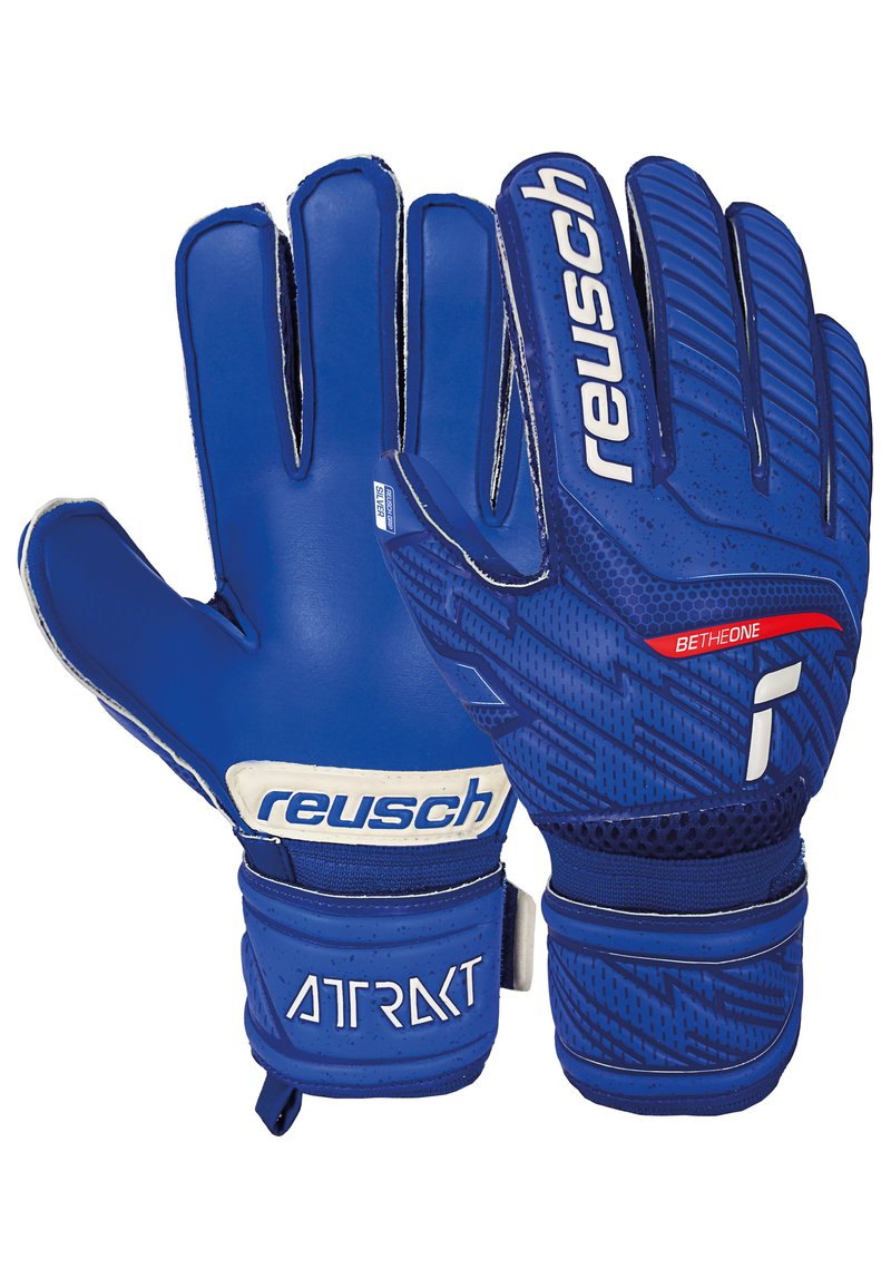 Guanti da portiere blu con dita texturizzate, palma in lattice e cinturino regolabile al polso. Presentano il logo "Reusch" e il marchio "Attract".