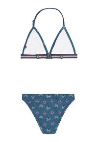 Teal-triangeli bikini-toppi, jossa on säädettävät hihnat ja valkoinen vuori; yhteensopivat alushousut, joissa on palmulehtimuotoilu purpleja ja vihreitä värejä.