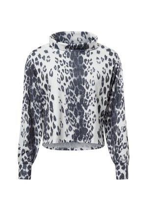 Korte pullover in zachte stof met een hoge kraag, voorzien van een zwart-wit luipaardprint en ballonsmouwen.
