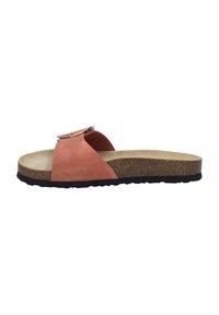 Sandal in suede rosa con una larga fascia e una fibbia metallica, soletta in sughero e suola in gomma nera testurizzata.