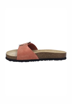 Pink suede slide sandal with a wide strap featuring a metal buckle, cork footbed, and textured black rubber sole.