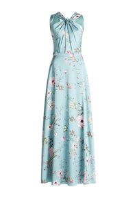 Maxi dress in tessuto azzurro chiaro con stampa floreale, caratterizzato da un colletto annodato e una vita regolabile. Tessuto morbido e leggero.