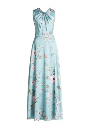 Maxi kjole i lys blå stof med blomsterprint, der har en snoet halsudskæring og et justerbart taljebælte. Glat, let tekstur.