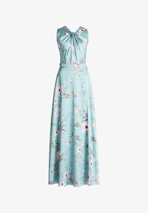 Robe maxi en tissu bleu clair avec imprimé floral, dotée d'un col twist et d'une taille réglable. Texture lisse et légère.