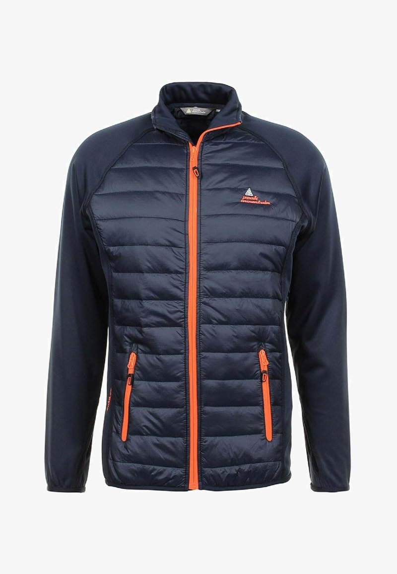 Veste rembourrée bleu marine avec fermeture éclair et accents orange. Comprend des poches latérales zippées et un col montant. Fabriquée à partir d'un matériau léger et lisse.