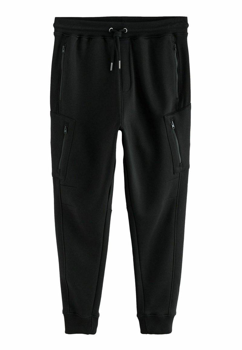 Schwarze Sweatpants aus weichem Stoff mit Reißverschlusstaschen, einem elastischen Bund mit Kordelzug und schmal zulaufendem Bein.
