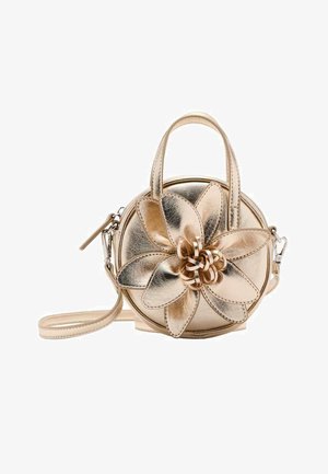 Zlata okrogla torbica z grobim metalnim zaključkom. Ima cvetlični motiv na sprednji strani, dve kratki ročki in odstranljiv naramni pas.