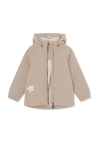 Giacca beige con cappuccio, zip frontale e polsini elasticizzati. Presenta una patch a forma di stella sulla tasca sinistra. Realizzata in tessuto morbido e liscio.