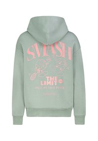 Hellegrüner Hoodie mit Kapuze, gerippten Manschetten und einem Rückendruck mit pinkem Text "SMASH THE LIMIT" sowie verspielten Cartoonfiguren.
