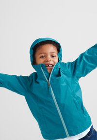 Teal rain jacket with a fitted hood, full-length zipper, and elastic cuffs. Lightweight material with a shiny texture.