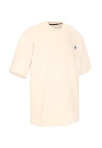 Ein schlichtes, cremefarbenes Kurzarm-T-Shirt mit Rundhalsausschnitt und kleinem blauen Blatt-Emblem auf der linken Brust.