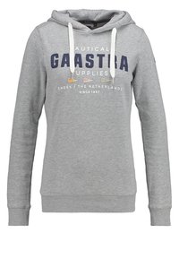 Sweat à capuche gris avec cordons blancs, texte bleu marine « GAASTRA », petits fanions nautiques colorés, et texte blanc supplémentaire en dessous.