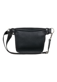 Sac en cuir noir avec une finition texturée, forme rectangulaire, bandoulière ajustable et éléments métalliques décoratifs sur les côtés.