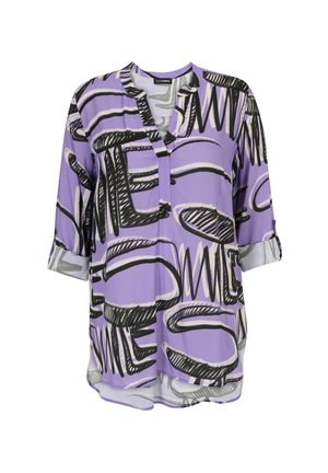Purple blouse featuring black and white abstract patterns, a v-neckline, and three-quarter sleeves. Made from a lightweight fabric.
