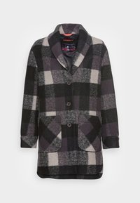 Kariertes Mantel in Schwarz, Lila und Grau mit einem Reverskragen, Knopfverschluss, zwei vorderen Taschen und strukturiertem Stoff.