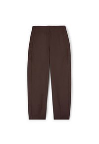 Pantaloni marroni con un design su misura, dotati di tasche laterali e una texture liscia. Le gambe si restringono leggermente verso la caviglia.