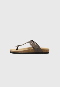 Brune flip-flop sandal med en kork-fodbed, l�æderremme og en metalspænde-detalje. Flad sål med en tekstureret finish for godt greb.
