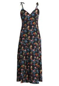 Blommig maxiklänning med tunna justerbara axelremmar, svart bakgrund, flerfärgade blommor och löv mönster, flödande, lätt tyg.