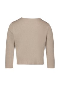 Haut beige à manches longues avec une coupe décontractée. Texture lisse avec une légère brillance. Encolure ronde et manches jusqu'au coude.