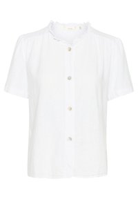 Hvid kortærmet bluse lavet af hør, med en flæsekrave og fem gennemsigtige knapper foran. Enkel, ren design.