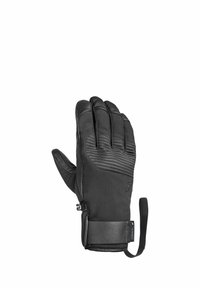 Zwarte winterhandschoen van leer en stof, met gevoerde vingers, ribbeltextuur op de rug en een verstelbare polsband.
