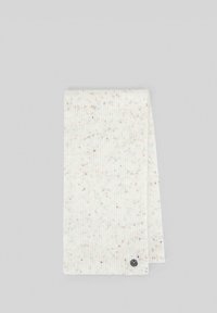 Żebrowany szalik w kremowym kolorze z wielobarwnymi plamkami. Posiada małą czarną metkę z logo na dole, miękką teksturę i prostokątny kształt.