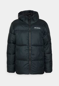 Chaqueta de plumas negra con capucha, que incluye un cierre frontal y el logo de Columbia. Fabricada con material acolchado y resistente al agua.