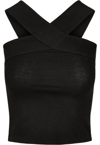 Top court noir avec larges bretelles croisées sur la poitrine et le dos, en tissu lisse et extensible.