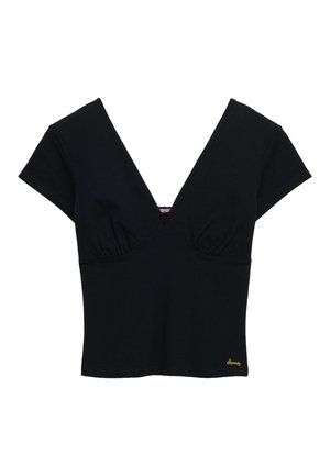 Crop top noir à manches courtes avec un profond décolleté en V, détail froncé au niveau de la poitrine et petit logo jaune en bas à droite.