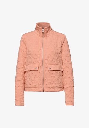 Koralowa, pikowana kurtka z wysokim kołnierzem, przednim zamkiem błyskawicznym oraz dwoma kieszeniami z klapkami i zatrzaskami z przodu.