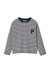 Gestreiftes Langarmshirt aus Baumwolle in Marineblau und Weiß mit Rundhalsausschnitt. Verfügt über eine rote Schleife und ein gesticktes "P" auf der Brust.