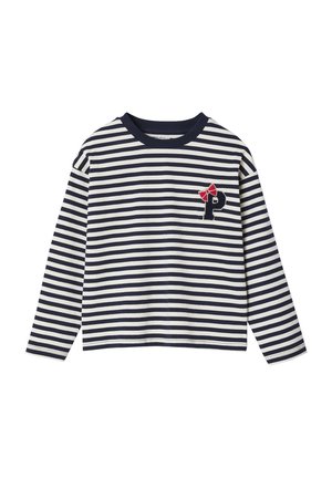 Gestreiftes Langarmshirt aus Baumwolle in Marineblau und Weiß mit Rundhalsausschnitt. Verfügt über eine rote Schleife und ein gesticktes "P" auf der Brust.