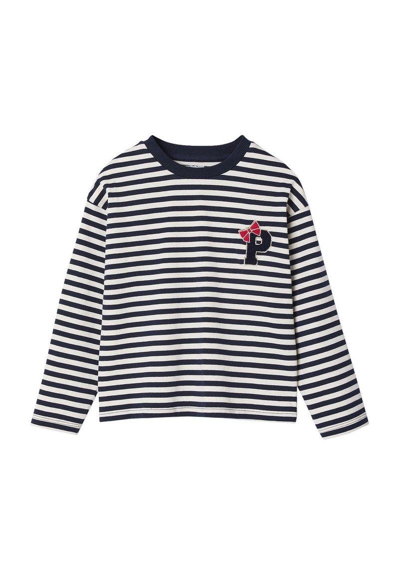 Gestreiftes Langarmshirt aus Baumwolle in Marineblau und Weiß mit Rundhalsausschnitt. Verfügt über eine rote Schleife und ein gesticktes "P" auf der Brust.