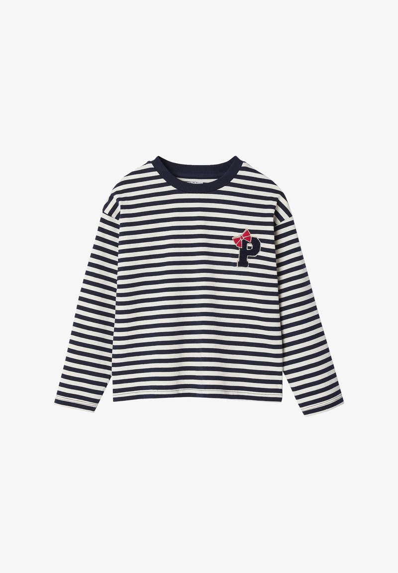 Gestreiftes Langarmshirt aus Baumwolle in Marineblau und Weiß mit Rundhalsausschnitt. Verfügt über eine rote Schleife und ein gesticktes "P" auf der Brust.