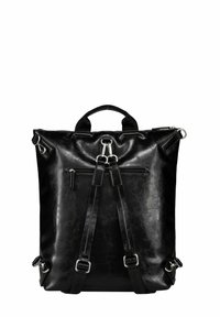 Sac à dos en cuir noir avec une surface texturée, une poignée supérieure, des bretelles réglables et des poches zippées. Des accents de quincaillerie métallique sont présents.