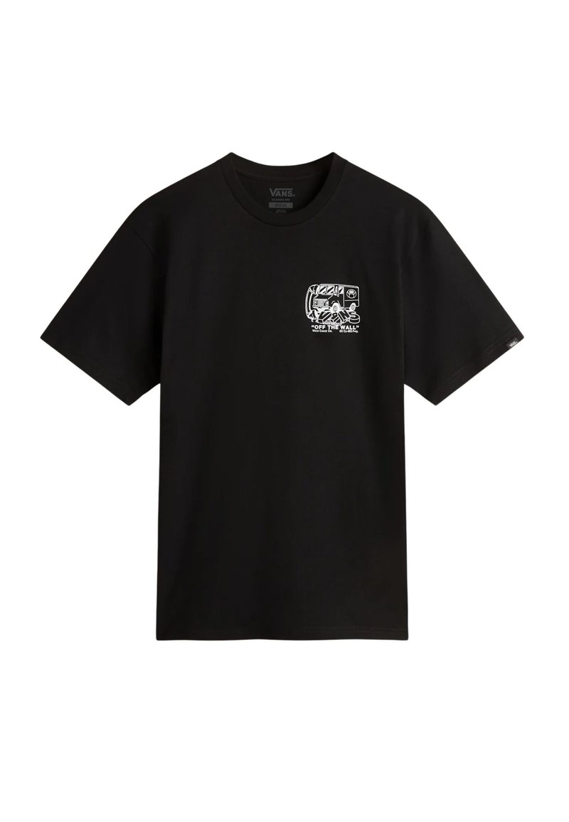 Camiseta de algodón negra con cuello redondo. Presenta una impresión gráfica blanca en el lado izquierdo del pecho, con texto y diseños en estilo de dibujo animado.