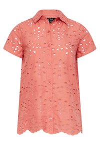 Koraliowa koszula krótko rękawowa zapinana na guziki z haftem w kwiaty i falbaniastym dołem, z klasycznym kołnierzykiem.