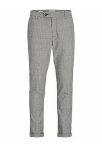 Pantalon de costume gris slim à carreaux avec fermeture par bouton et ourlets retroussés, conçu pour une tenue formelle ou de bureau.