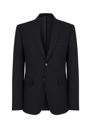 Czarna marynarka garniturowa, jedno guzika, slim fit, klapami wyciętymi, z kieszenią piersiową, wykonana z gładkiego materiału.