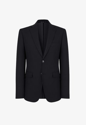 Czarna marynarka garniturowa, jedno guzika, slim fit, klapami wyciętymi, z kieszenią piersiową, wykonana z gładkiego materiału.